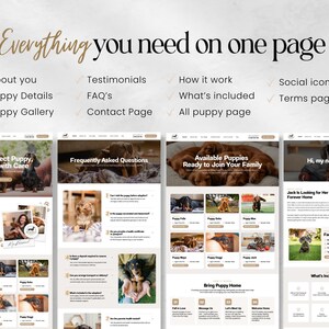 Puede incluir: Un dise&ntilde;o de sitio web con el texto "Everything you need on one page". La p&aacute;gina incluye secciones para Acerca de ti, Detalles del cachorro, Galer&iacute;a de cachorros, Testimonios, Preguntas frecuentes, P&aacute;gina de contacto, C&oacute;mo funciona, Qu&eacute; est&aacute; incluido, Iconos sociales, P&aacute;gina de t&eacute;rminos y Toda la p&aacute;gina del cachorro.