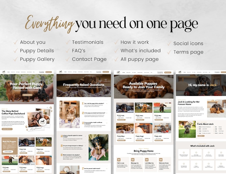 Puede incluir: Un dise&ntilde;o de sitio web con el texto "Everything you need on one page". La p&aacute;gina incluye secciones para Acerca de ti, Detalles del cachorro, Galer&iacute;a de cachorros, Testimonios, Preguntas frecuentes, P&aacute;gina de contacto, C&oacute;mo funciona, Qu&eacute; est&aacute; incluido, Iconos sociales, P&aacute;gina de t&eacute;rminos y Toda la p&aacute;gina del cachorro.