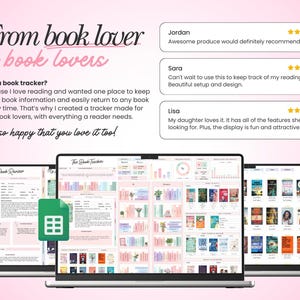 May include: A digital book tracker displayed on three laptop screens against a pink background. The interface features book review forms, reading logs, and a virtual bookshelf. Text includes From book lover to book lovers and customer reviews.