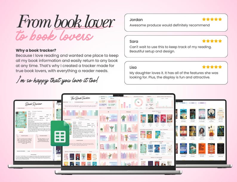 May include: A digital book tracker displayed on three laptop screens against a pink background. The interface features book review forms, reading logs, and a virtual bookshelf. Text includes From book lover to book lovers and customer reviews.