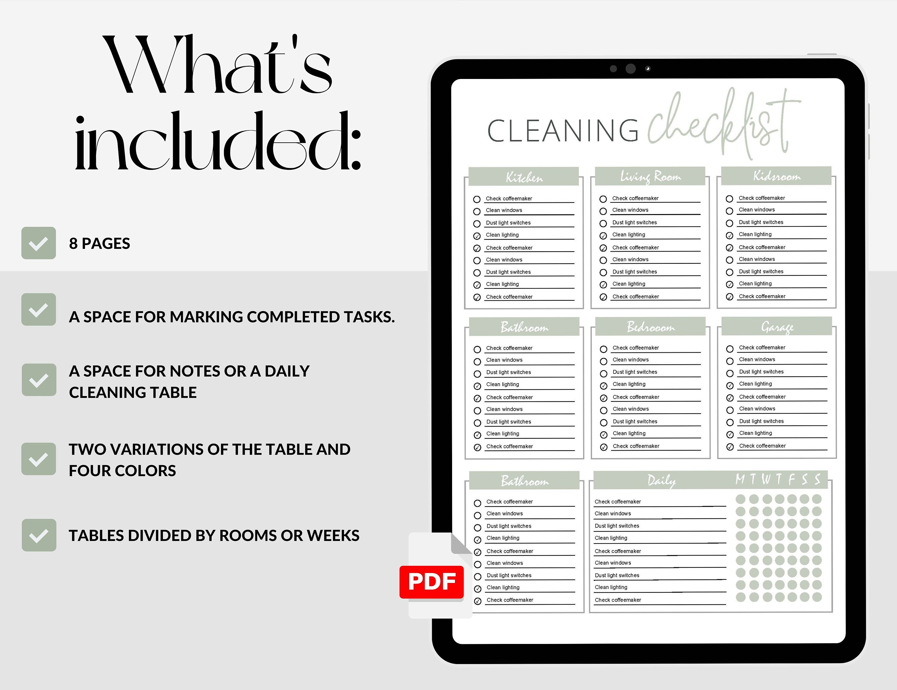 Cleaning Checklist Printable: Room by Room & Weekly Schedule (PDF) - Etsy