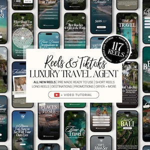 K&ouml;nnte beinhalten: Eine Ansammlung von Smartphone-Bildschirmen mit Inhalten zum Thema Reisen. Die Bildschirme zeigen Texte wie "Luxury Travel Agent", "Time to Travel" und "Best Beaches". Das Bild enth&auml;lt eine Video-Tutorial-Schaltfl&auml;che und den Text "117 Reels".