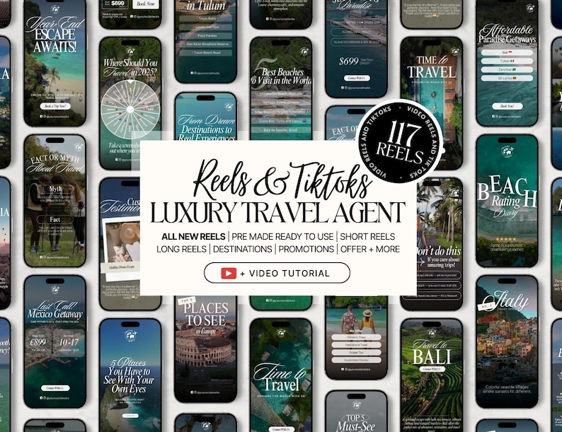 K&ouml;nnte beinhalten: Eine Ansammlung von Smartphone-Bildschirmen mit Inhalten zum Thema Reisen. Die Bildschirme zeigen Texte wie "Luxury Travel Agent", "Time to Travel" und "Best Beaches". Das Bild enth&auml;lt eine Video-Tutorial-Schaltfl&auml;che und den Text "117 Reels".