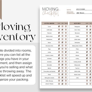 May include: A printable moving checklist with a table divided into rooms, where you can list all the things you have in your apartment, and then assign what you're selling and what you're throwing away. The checklist will speed up and organize your packing. The checklist includes sections for the living room and kitchen.  The checklist is dated July 23, 2023 and the moving company is ABC Movers.