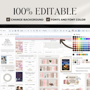 May include: A computer screen displaying a spreadsheet with a book library tracker. The spreadsheet is customizable with different background colors and fonts. The spreadsheet includes sections for book reviews, favorite books, and reading milestones.