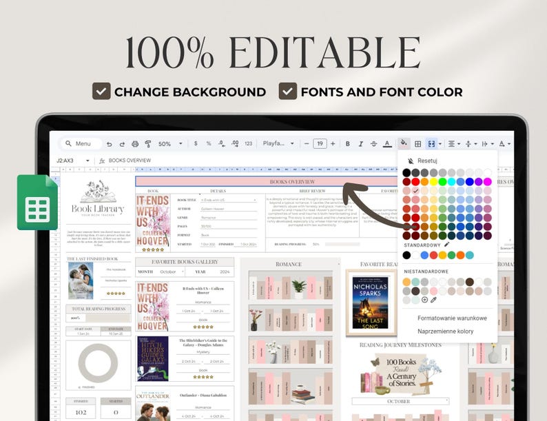 May include: A computer screen displaying a spreadsheet with a book library tracker. The spreadsheet is customizable with different background colors and fonts. The spreadsheet includes sections for book reviews, favorite books, and reading milestones.