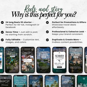 May include: A promotional graphic with the text "Reels and story" and "Why is this perfect for you?" is displayed. The graphic showcases several phone screens with travel-themed content, including destinations like Rio de Janeiro, Phuket, and Paris.