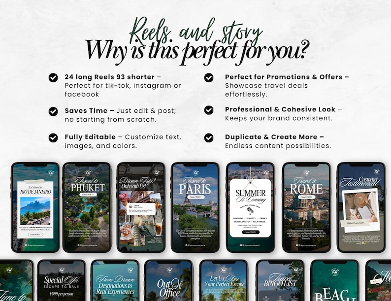 May include: A promotional graphic with the text "Reels and story" and "Why is this perfect for you?" is displayed. The graphic showcases several phone screens with travel-themed content, including destinations like Rio de Janeiro, Phuket, and Paris.