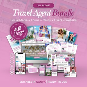 May include: A pink graphic promoting a travel agent bundle. The image displays a variety of digital and printed materials, including a computer, phones, and flyers. The text reads "Travel Agent Bundle" and "400 Pages". The bundle includes social media templates, forms, cards, flyers, and a website.