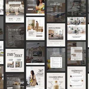 May include: A collection of promotional graphics for cleaning services. The images feature text like "Book," "Professional Cleaning," and "24/7 Vacuum Cleaning." Various images showcase cleaning tasks, before-and-after comparisons, and testimonials, all in a clean, modern design.