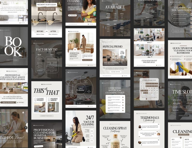 May include: A collection of promotional graphics for cleaning services. The images feature text like "Book," "Professional Cleaning," and "24/7 Vacuum Cleaning." Various images showcase cleaning tasks, before-and-after comparisons, and testimonials, all in a clean, modern design.