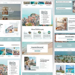May include: A website design with a light blue and white color scheme, promoting travel services. The site features images of scenic destinations, customer testimonials, and information on travel planning. Text includes "Your next Adventure today" and "Destinations."