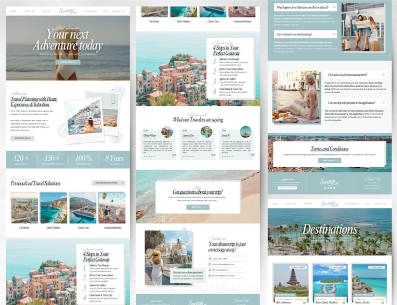 May include: A website design with a light blue and white color scheme, promoting travel services. The site features images of scenic destinations, customer testimonials, and information on travel planning. Text includes "Your next Adventure today" and "Destinations."