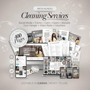 May include: A promotional image for cleaning services, featuring a collection of digital and print marketing materials. The image includes a smartphone, computer, and print materials with the text "Cleaning Services" and "400 Pages". The text "EDITABLE IN CANVA | READY TO USE" is also visible.