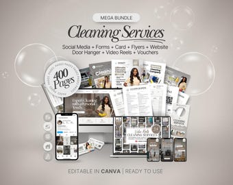 Cleaning Business Bundle, Agreement, Intake Form, Cleaning Service Cards, Website Template, Commercial, Door Hanger, Social Media, Brown