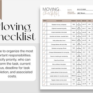 May include: A printable moving checklist with a table to organize tasks, deadlines, and responsibilities. The checklist includes columns for task, priority, status, deadline, who, and cost. The checklist is titled "Moving Checklist" and the date is July 23, 2023. The moving company is ABC Movers.