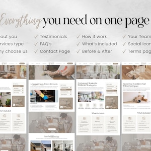 May include: A website design layout with the text "Everything you need on one page." The design includes sections for About You, Testimonials, FAQ's, How it works, and more. The layout features a clean, modern aesthetic with a neutral colour palette.