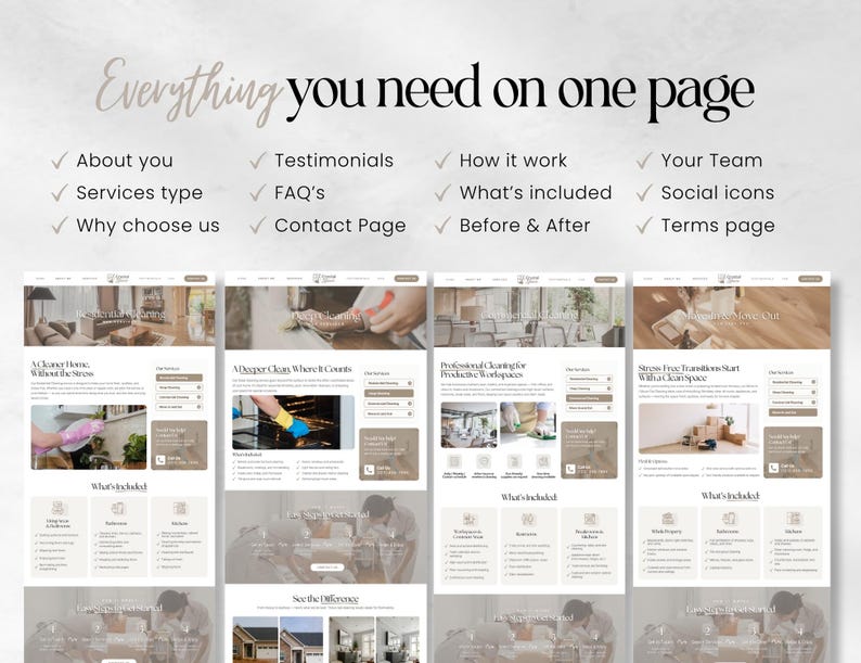 May include: A website design layout with the text "Everything you need on one page." The design includes sections for About You, Testimonials, FAQ's, How it works, and more. The layout features a clean, modern aesthetic with a neutral colour palette.