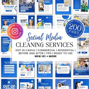 Op de afbeelding: Een collage van social media graphics voor een schoonmaakbedrijf. De graphics zijn blauw en wit met afbeeldingen van schoonmaakmiddelen en mensen die schoonmaken. De tekst bevat "Social Media Cleaning Services", "Edit in Canva", "Commercial", "Residential", "Before and After", "Tips", "Ready to Use", "New IG!" en "200 Pages".
