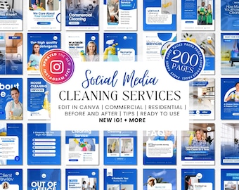 Puede incluir: Un collage de gráficos de redes sociales para un negocio de servicios de limpieza. Los gráficos son azules y blancos con imágenes de productos de limpieza y personas que limpian. El texto incluye "Social Media Cleaning Services", "Edit in Canva", "Commercial", "Residential", "Before and After", "Tips", "Ready to Use", "New IG!" y "200 Pages".