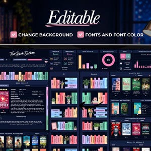 Peut inclure: Un tableur num&eacute;rique de suivi de lecture affich&eacute; sur un &eacute;cran d'ordinateur portable avec une interface bleu marine fonc&eacute;. Le tableau de bord pr&eacute;sente des graphiques de dos de livres color&eacute;s, des statistiques et des vignettes.