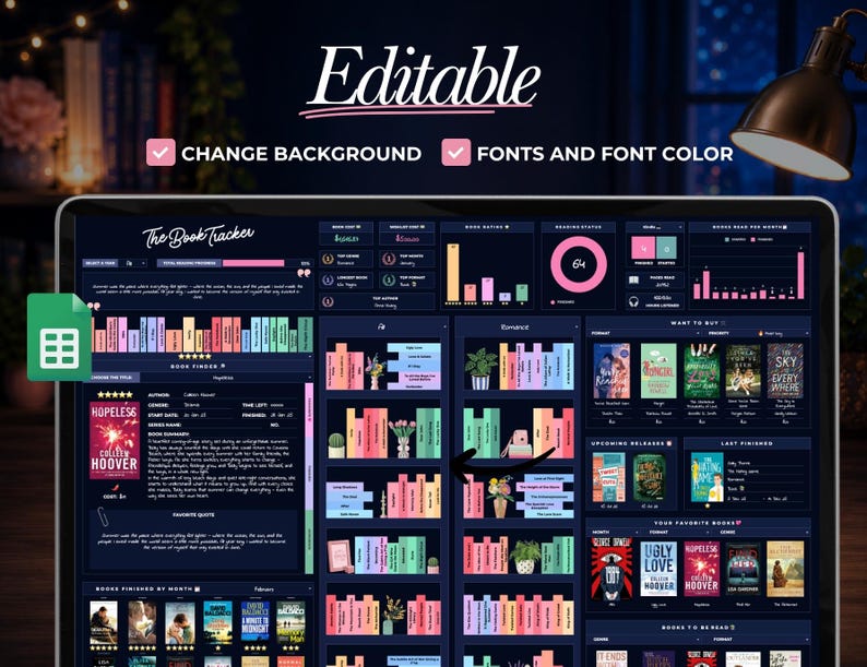 Peut inclure: Un tableur num&eacute;rique de suivi de lecture affich&eacute; sur un &eacute;cran d'ordinateur portable avec une interface bleu marine fonc&eacute;. Le tableau de bord pr&eacute;sente des graphiques de dos de livres color&eacute;s, des statistiques et des vignettes.