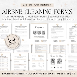 Pode incluir: Um conjunto de 24 formulários de limpeza Airbnb imprimíveis em preto e branco. Os formulários incluem um relatório de danos, uma lista de verificação de limpeza, um contrato de serviços, uma fatura, um formulário de feedback, um formulário de admissão, uma digitalização para pagar e uma lista de preços. Os formulários são projetados para serviços de limpeza de aluguel de curto prazo e estão disponíveis nos tamanhos US Letter e A4.
