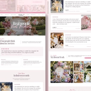 May include: A website design featuring a balloon decor business. The site showcases balloon arches and arrangements in various colors, with customer testimonials and a portfolio of recent work. The color scheme is primarily pink and white.