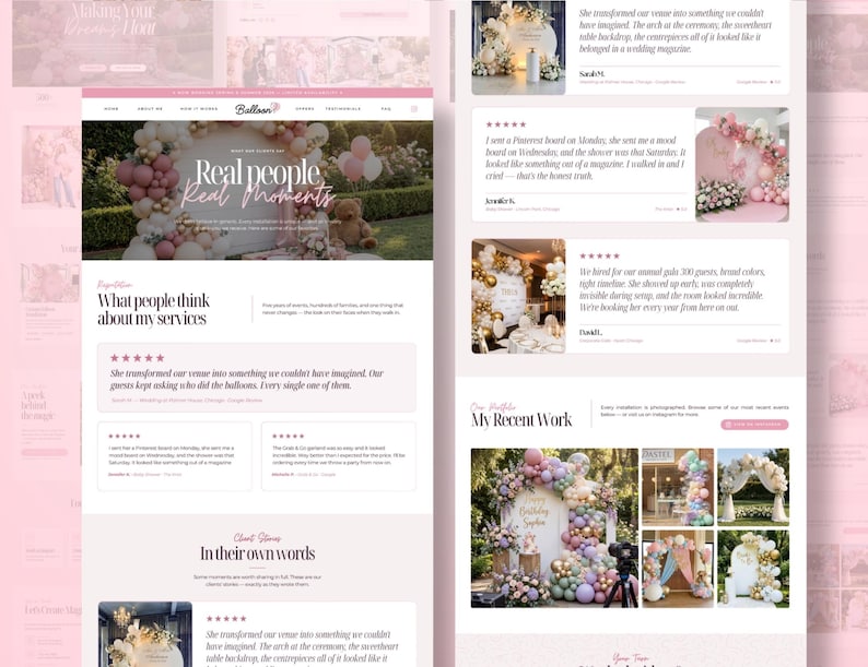 May include: A website design featuring a balloon decor business. The site showcases balloon arches and arrangements in various colors, with customer testimonials and a portfolio of recent work. The color scheme is primarily pink and white.