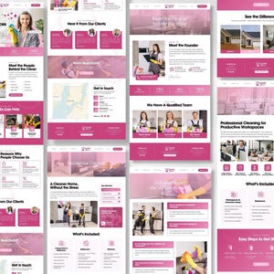 K&ouml;nnte beinhalten: Ein Website-Design in Rosa und Wei&szlig;, das professionelle Reinigungsdienste pr&auml;sentiert. Das Design enth&auml;lt Text wie "Professional Cleaning Services You Can Trust!" und Bilder von Reinigungskr&auml;ften.
