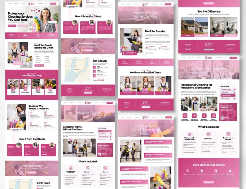 K&ouml;nnte beinhalten: Ein Website-Design in Rosa und Wei&szlig;, das professionelle Reinigungsdienste pr&auml;sentiert. Das Design enth&auml;lt Text wie "Professional Cleaning Services You Can Trust!" und Bilder von Reinigungskr&auml;ften.