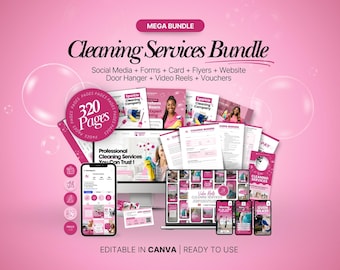 Cleaning Business Bundle, Agreement, Intake Form, Cleaning Company Cards, Website Template, Residential, Door Hanger, Social Media, Pink