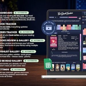 Peut inclure: Une interface num&eacute;rique de suivi de lecture affich&eacute;e sur un &eacute;cran d'ordinateur portable, comprenant un tableau de bord, un suivi de s&eacute;rie, une galerie de critiques, une liste de souhaits et des param&egrave;tres avec des ic&ocirc;nes de livres color&eacute;es.