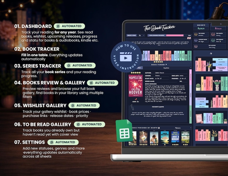 Peut inclure: Une interface num&eacute;rique de suivi de lecture affich&eacute;e sur un &eacute;cran d'ordinateur portable, comprenant un tableau de bord, un suivi de s&eacute;rie, une galerie de critiques, une liste de souhaits et des param&egrave;tres avec des ic&ocirc;nes de livres color&eacute;es.