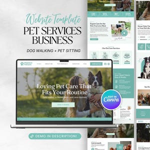 May include: A website template for a pet services business, featuring a laptop displaying a website design with a woman and a dog. The design includes sections for dog walking, pet sitting, and pet boarding.