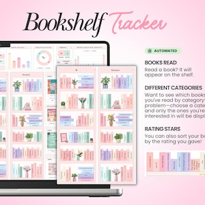 May include: A digital Bookshelf Tracker displayed on a laptop screen, featuring pastel-colored book spines, potted plants, and reading statistics. Text includes Books Read, Different Categories, and Rating Stars, with a pink background.