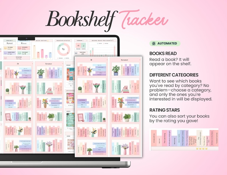 May include: A digital Bookshelf Tracker displayed on a laptop screen, featuring pastel-colored book spines, potted plants, and reading statistics. Text includes Books Read, Different Categories, and Rating Stars, with a pink background.