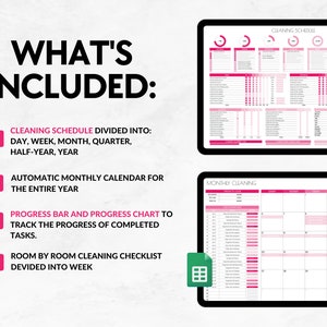 Op de afbeelding: Een digitale printbare schoonmaakschema-planner in roze en wit. De planner bevat een dagelijks, wekelijks, maandelijks, driemaandelijks, halfjaarlijks en jaarlijks schoonmaakschema, een maandelijkse kalender, een voortgangsbalk en -grafiek, en een kamer-voor-kamer schoonmaakchecklist.
