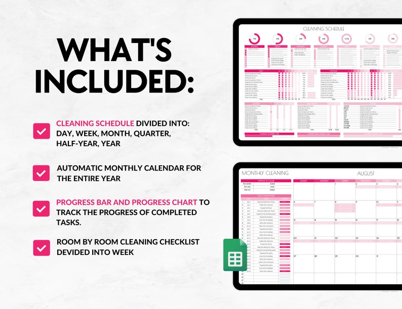 Op de afbeelding: Een digitale printbare schoonmaakschema-planner in roze en wit. De planner bevat een dagelijks, wekelijks, maandelijks, driemaandelijks, halfjaarlijks en jaarlijks schoonmaakschema, een maandelijkse kalender, een voortgangsbalk en -grafiek, en een kamer-voor-kamer schoonmaakchecklist.