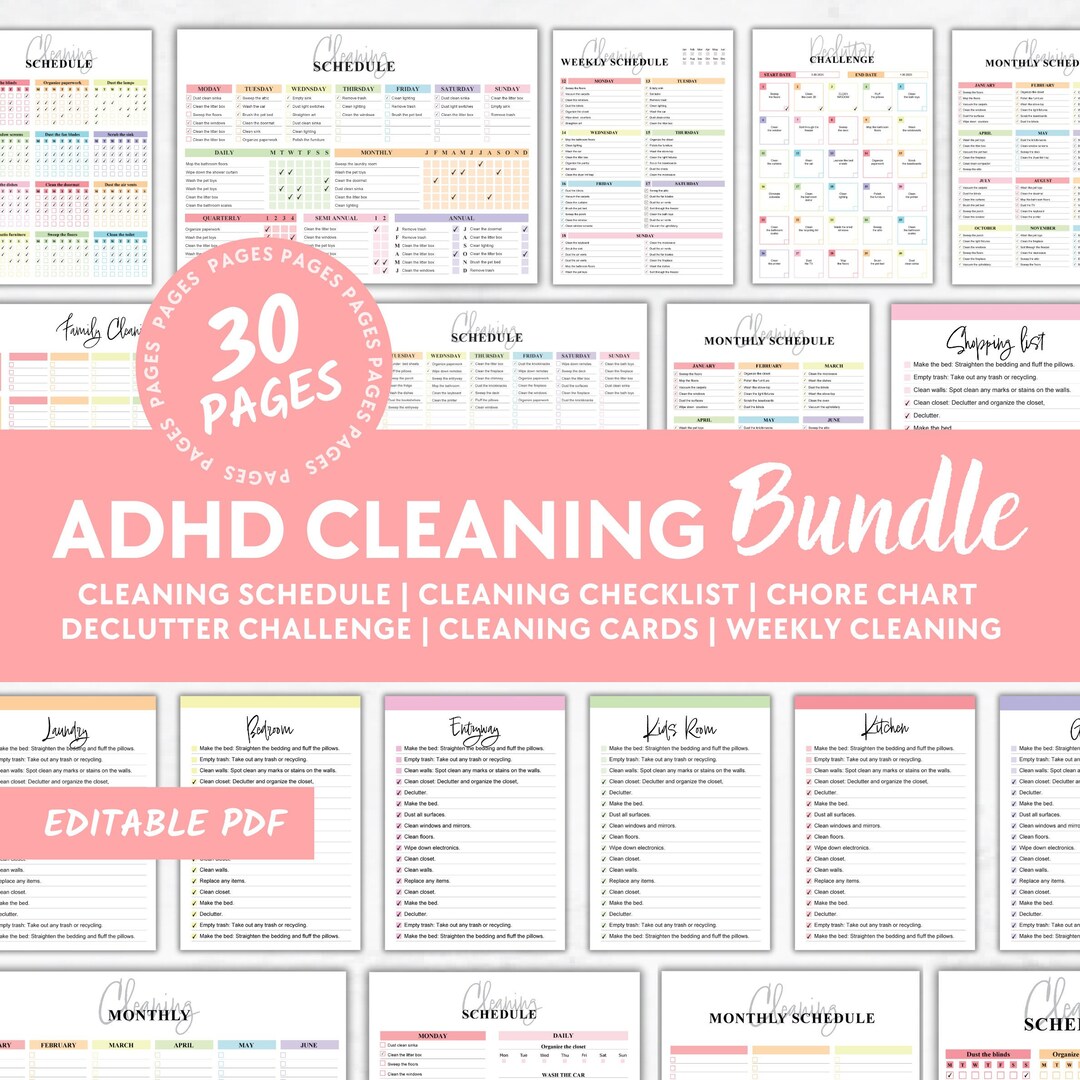 ADHD Cleaning Checklist Bundle | House Cleaning Schedule | Cleaning ...