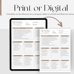 May include: A printable moving checklist with a brown and white color scheme. The checklist is divided into sections for important tasks, 8 weeks before, 4 weeks before, 2 weeks before, 1 week before, moving day, and after moving. The checklist includes tasks such as researching moving companies, packing essential items, changing your address, and setting up utilities.