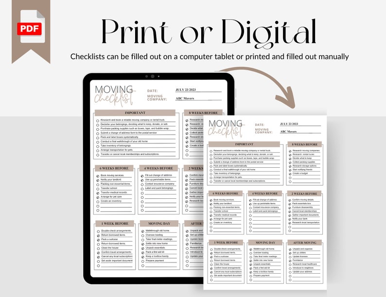 May include: A printable moving checklist with a brown and white color scheme. The checklist is divided into sections for important tasks, 8 weeks before, 4 weeks before, 2 weeks before, 1 week before, moving day, and after moving. The checklist includes tasks such as researching moving companies, packing essential items, changing your address, and setting up utilities.