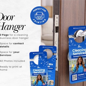 May include: Blue door hanger for cleaning services, featuring a photo of a smiling woman. The design includes the text "Cleaning Services" and contact information. The door hanger is ready to print at home.