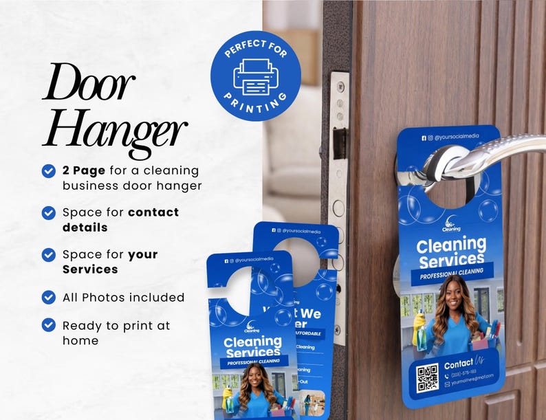 May include: Blue door hanger for cleaning services, featuring a photo of a smiling woman. The design includes the text "Cleaning Services" and contact information. The door hanger is ready to print at home.