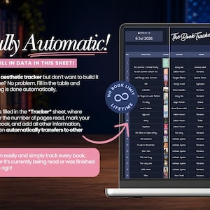 Peut inclure: Un &eacute;cran d'ordinateur affichant le tableur The Book Tracker avec des colonnes pour le titre, la couverture, l'auteur, le genre et le statut. L'interface sombre inclut des boutons de statut roses et un badge circulaire No Book Limit Lifetime.