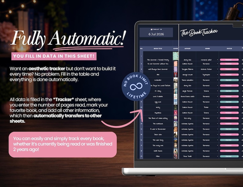 Peut inclure: Un &eacute;cran d'ordinateur affichant le tableur The Book Tracker avec des colonnes pour le titre, la couverture, l'auteur, le genre et le statut. L'interface sombre inclut des boutons de statut roses et un badge circulaire No Book Limit Lifetime.