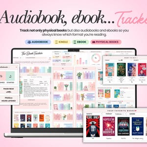 May include: A digital book tracker interface displayed on a laptop screen, featuring sections for audiobooks, ebooks, and physical books. The layout includes charts, reading progress statistics, and lists of book titles with cover art, all set against a light pink background.