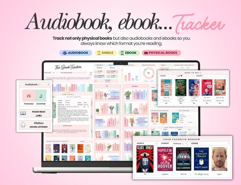 May include: A digital book tracker interface displayed on a laptop screen, featuring sections for audiobooks, ebooks, and physical books. The layout includes charts, reading progress statistics, and lists of book titles with cover art, all set against a light pink background.