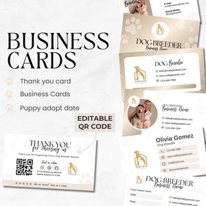 May include: A set of editable business cards for a dog breeder. The cards feature a paw print design and the text "DOG BREEDER Business Name". The cards are 8.9 cm by 5.1 cm.