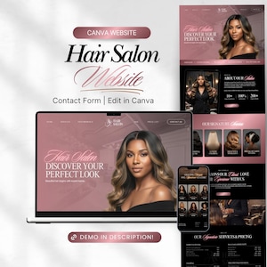 Könnte beinhalten: Webdesign für einen Friseursalon, dargestellt auf einem Laptop, Tablet und Telefon. Das Design zeigt ein rosa-schwarzes Farbschema mit Bildern von Frisuren und dem Text "Hair Salon Website". Enthält ein Kontaktformular und einen Demo-Link.